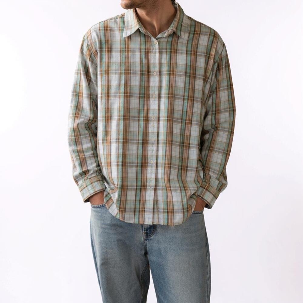 Filson Plaid Cotton Button Up Shirt Tan Blue Men’s XL